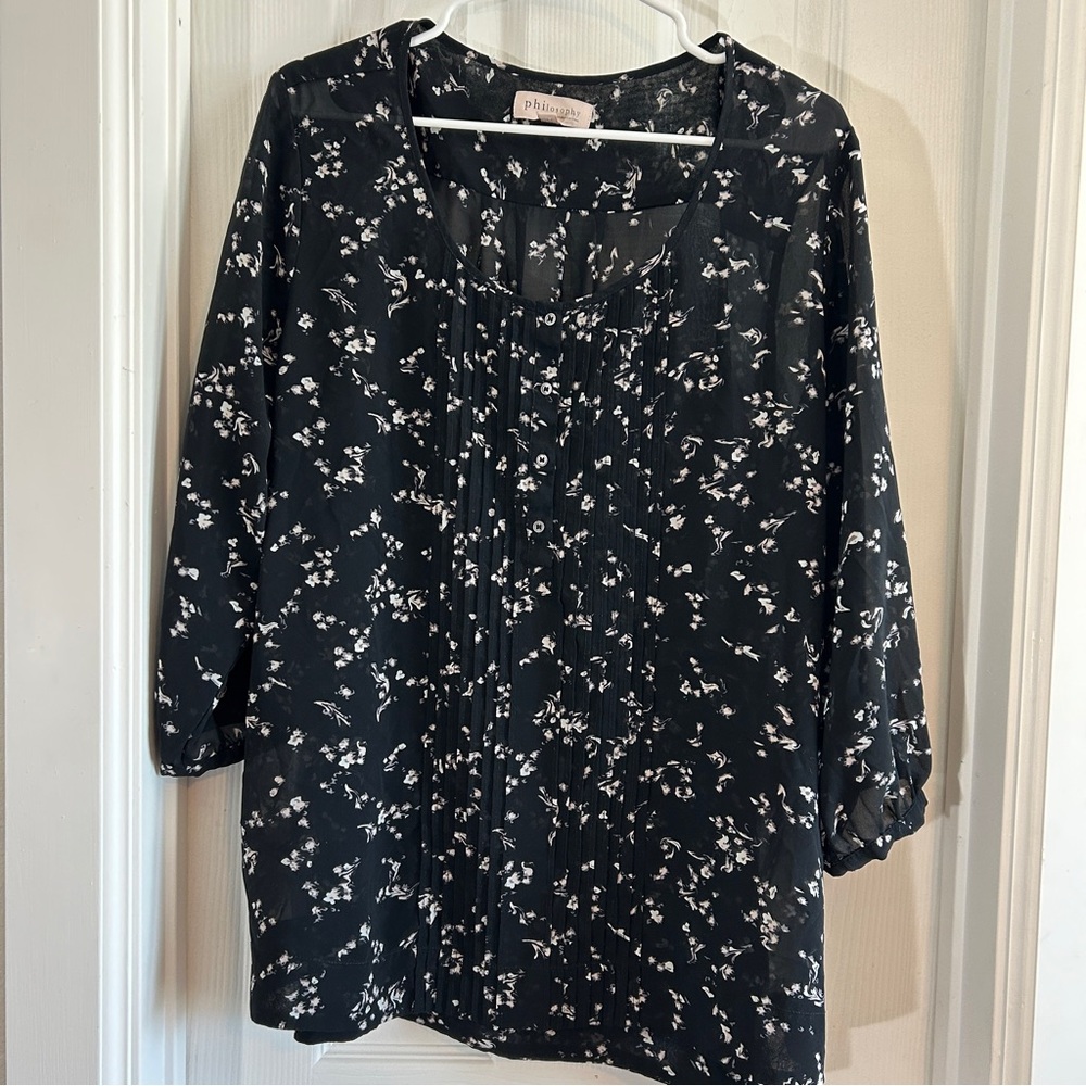 Black Floral 3/4 Sleeve Blouse 2XL‎ Feminine Flowing